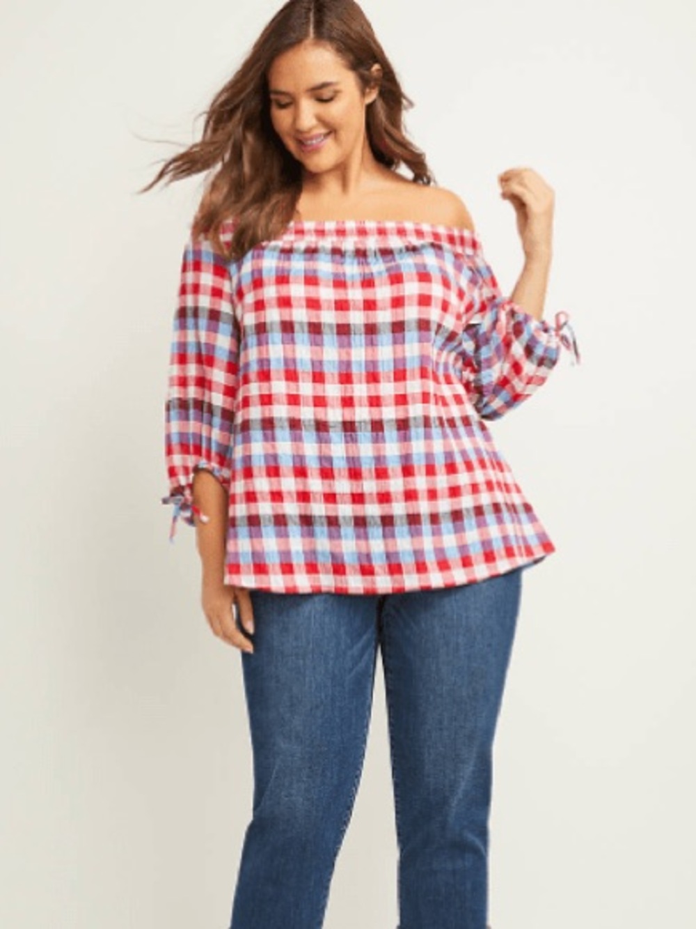 READ Lane Bryant Off-Shoulder Red, Blue and White Plaid Top